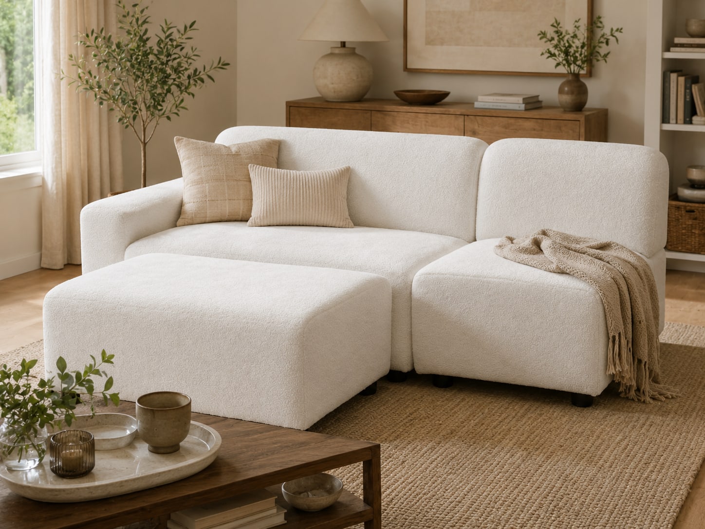 Modular cream sofa with separate ottoman