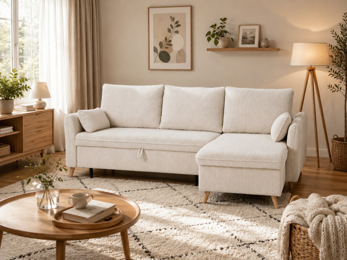 Light-colored chaise sofa in a compact room